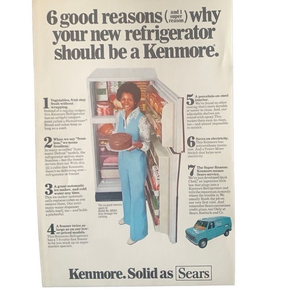Vintage 1976 Kenmore Solid as Sears Refrigerator Ad Advertisement